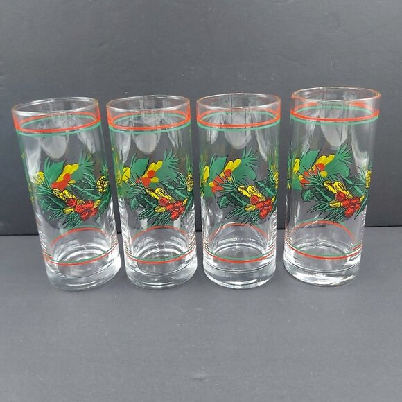 Libbey Cocktail Highball Glasses Christmas Holly Berries Pinecones-Tumblers VTG - Picture 6 of 12